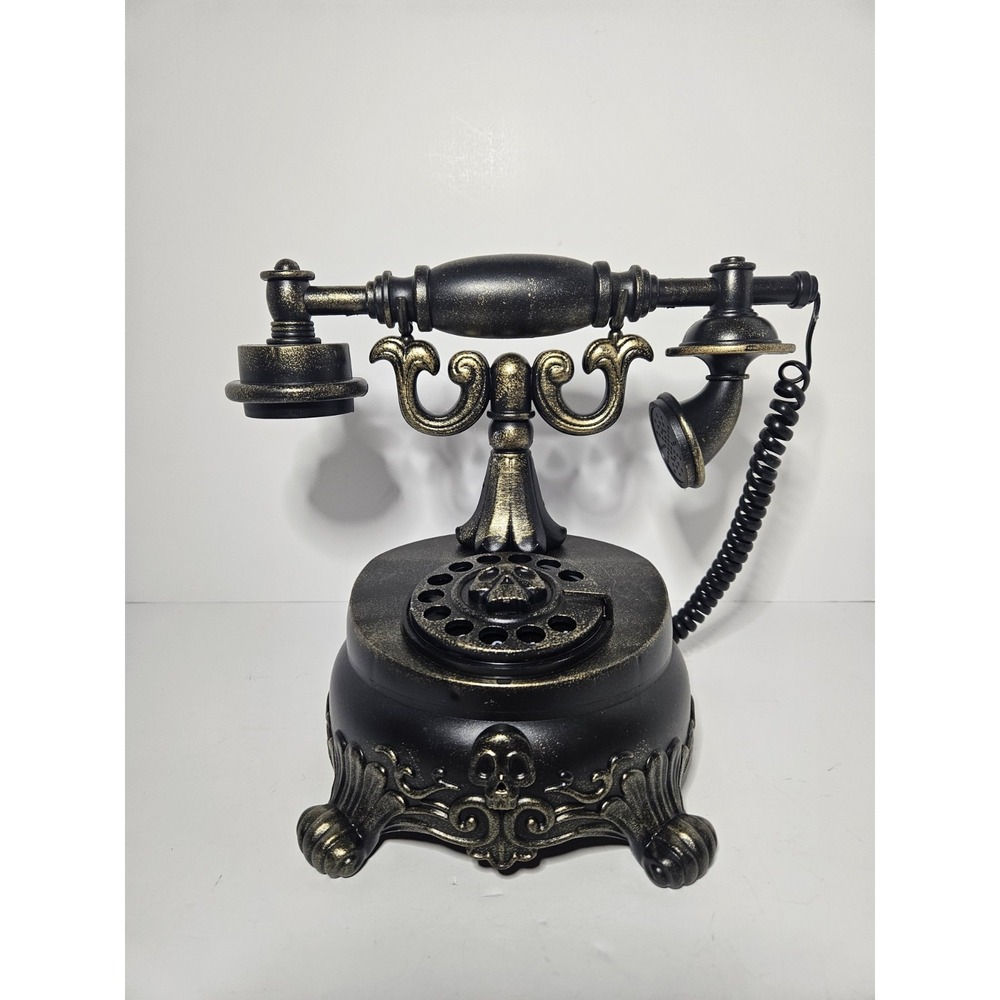 Target Halloween Animated Telephone Skull Prop Vintage Antique Black Gold EUC